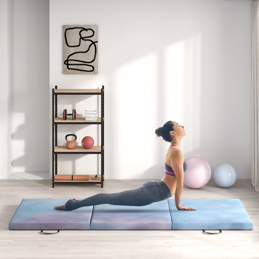 Tappetino da Ginnastica 180x60x5 cm Pieghevole Crash Mat con Maniglie per Allenamento a Casa in PU e EPE Azzurro