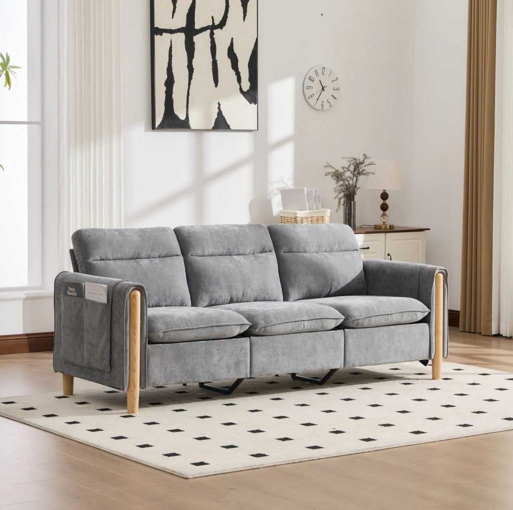 Divano angolare modulare a 3 posti con pouf contenitore; 201x77x86 cm; chenille grigio chiaro