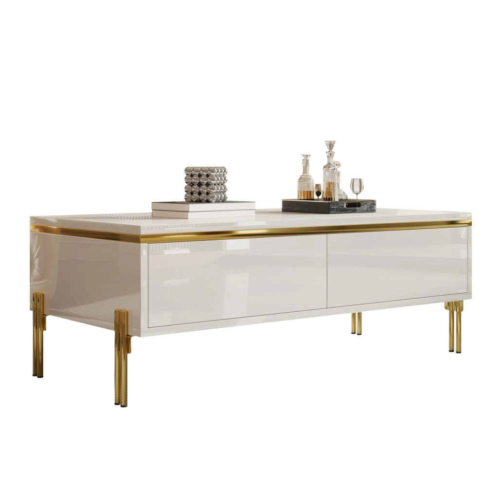 Tavolino da Caffè con 2 Cassetti su Entrambi i Lati; Bianco Lucido e Dettagli Dorati; Stile Moderno; in Pannello Truciolare; Bianco