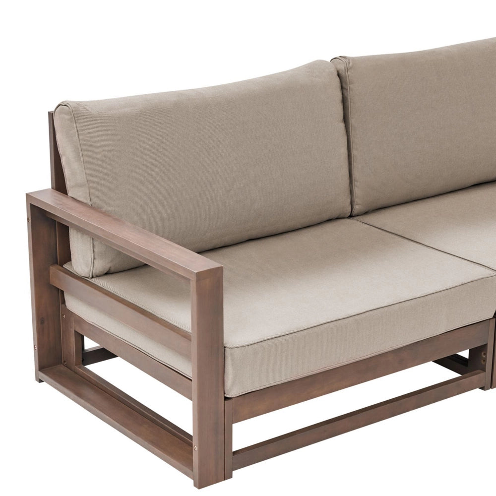 Salotto da giardino 4 posti in legno d'acacia chiaro con cuscini color tortora e tavolo lato destro esterno moderno