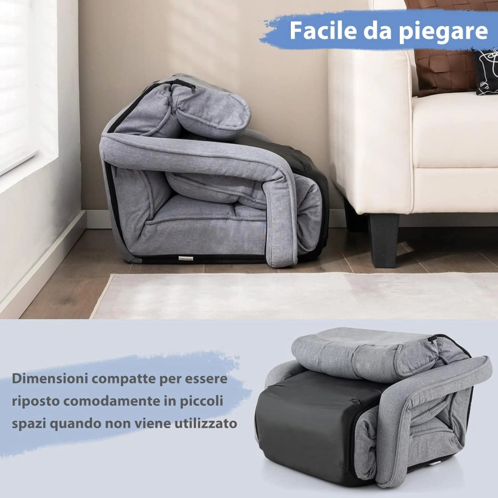 Poltrona Salotto da Terra, Sedie Pieghevoli Imbottita Chaise Longue Reclinabile in 5 Posizioni, con Regolabili Braccioli Schienale, per Yoga Relax Meditazione, 195x73x19 cm(Grigio)