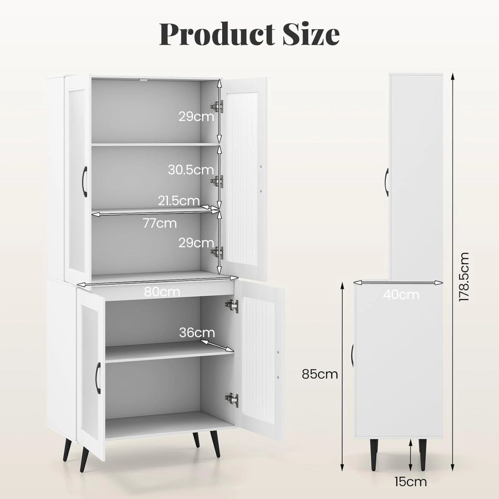 Credenza Alta da Cucina con 4 Ante Trasparente, Armadio a Buffet a 5 Livelli con Ripiani Regolabili, Mobile Dispensa, per Sala da Pranzo, Soggiorno, Bagno, 80 x 40 x 178,5 cm (Bianco)