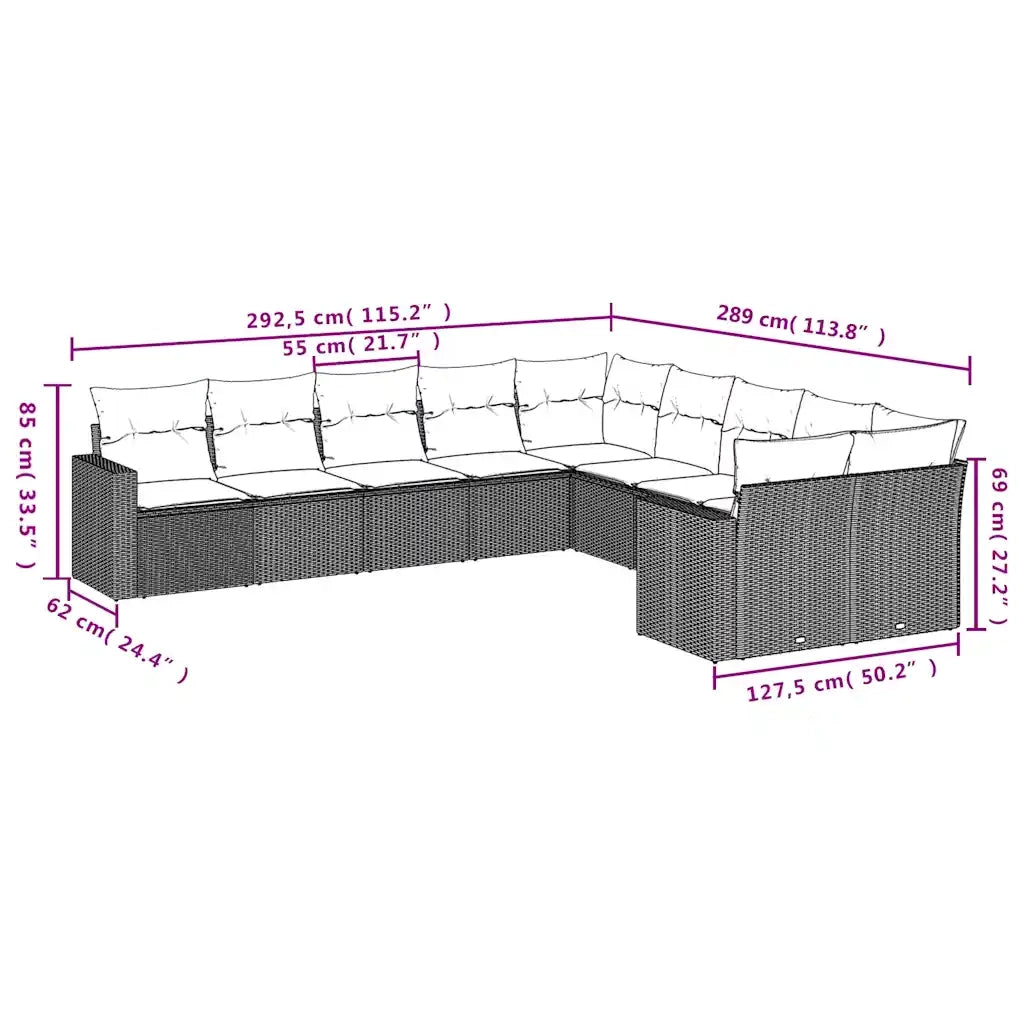 Set Divani da Giardino 10pz con Cuscini in Polyrattan Marrone 3219503