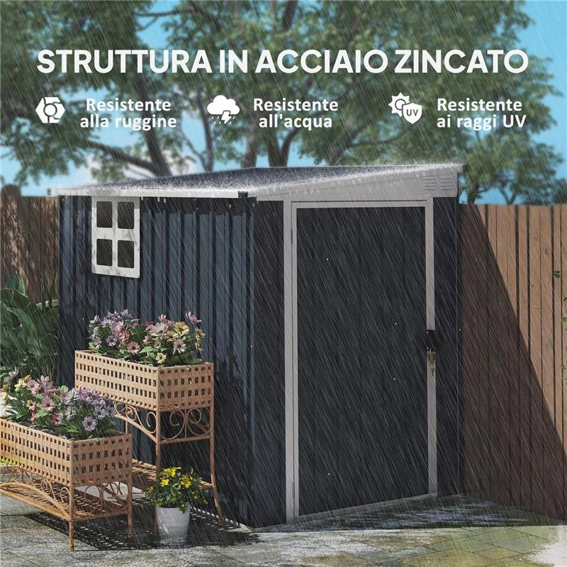 CASETTA DA GIARDINO IN ACCIAIO 1.2X1.9 M CON PORTA BLOCCABILE E PRESE D'ARIA GRIGIO SCURO