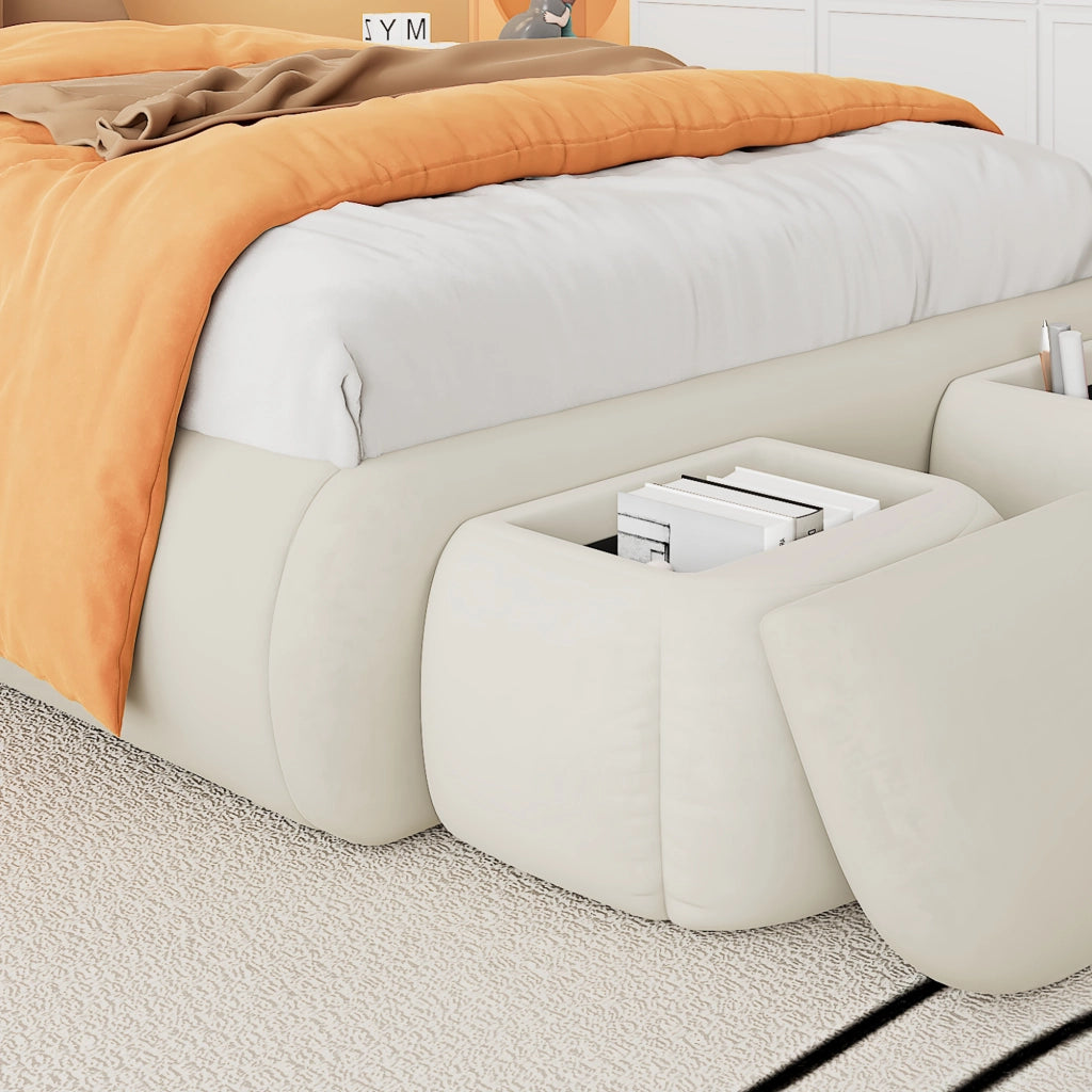 OKWISH Letto Contenitore 140×200 cm, Letto Matrimoniale con Orecchie da Coniglio, LED Regolabile e 2 Pouf Contenitore, senza Materasso, Velluto, Beige