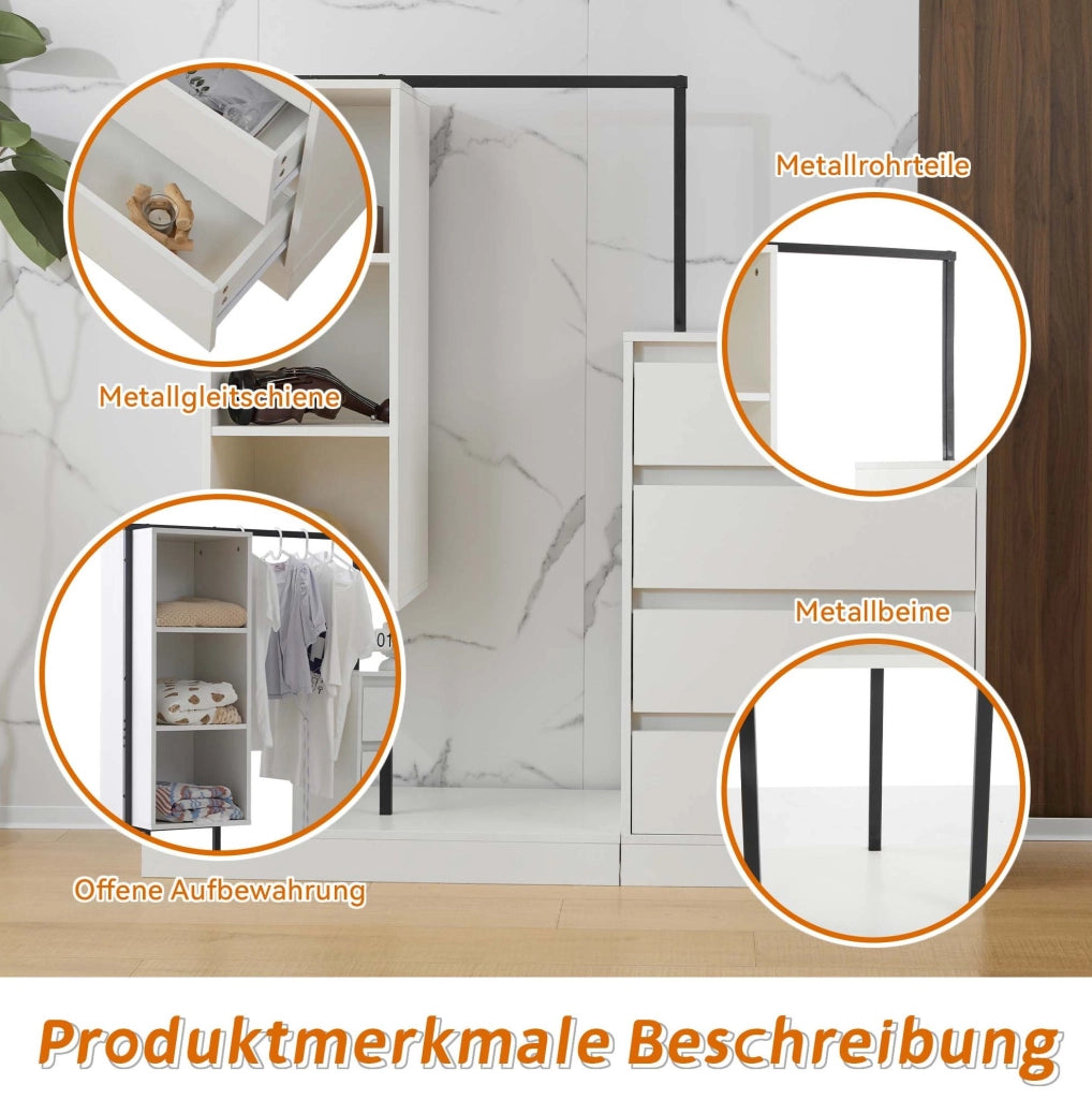 Armadio contenitore bianco con 4 cassetti e vani aperti, 140×40×135 cm