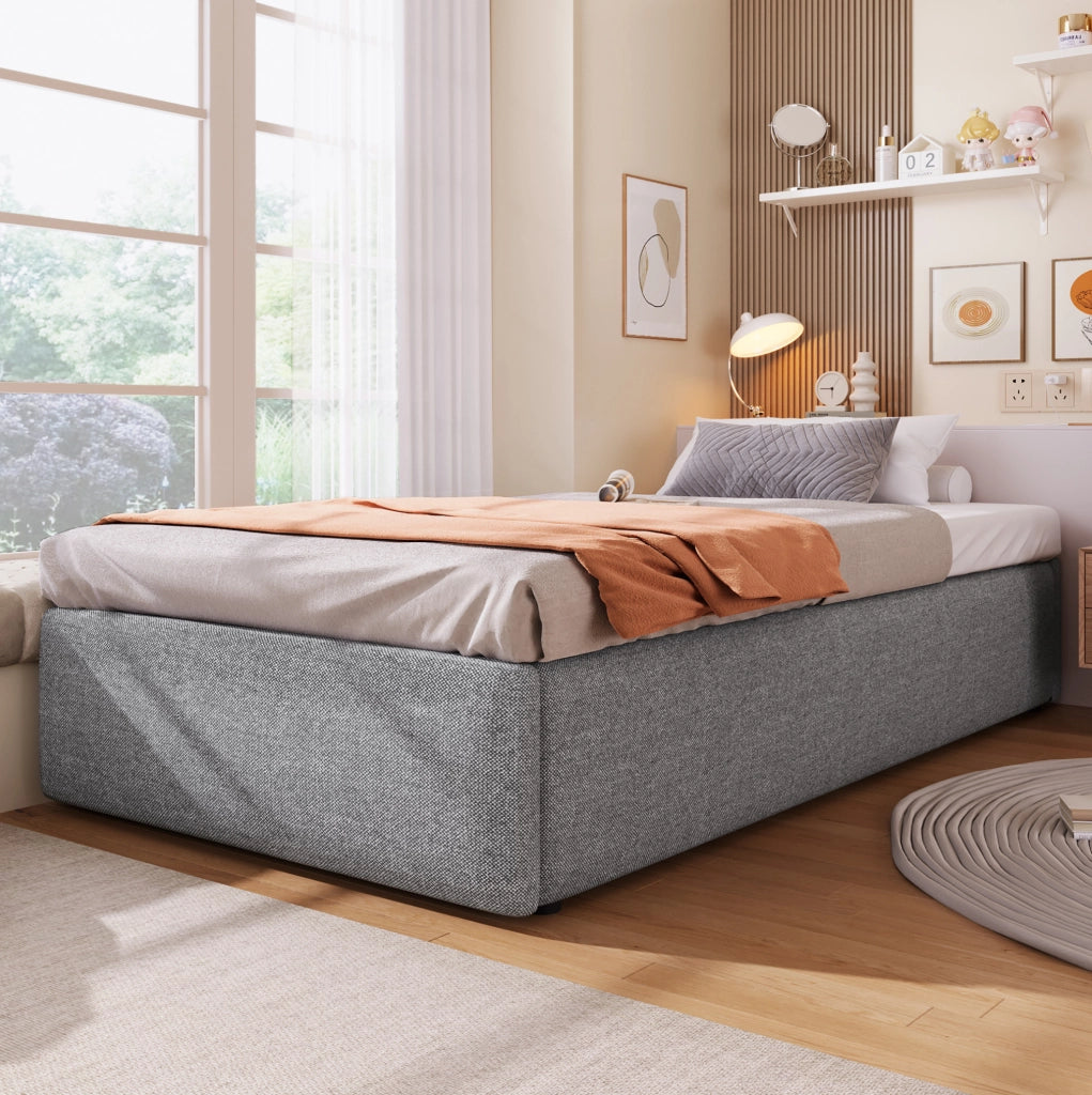 Letto imbottito 90x200 cm grigio con contenitore idraulico e cassetto