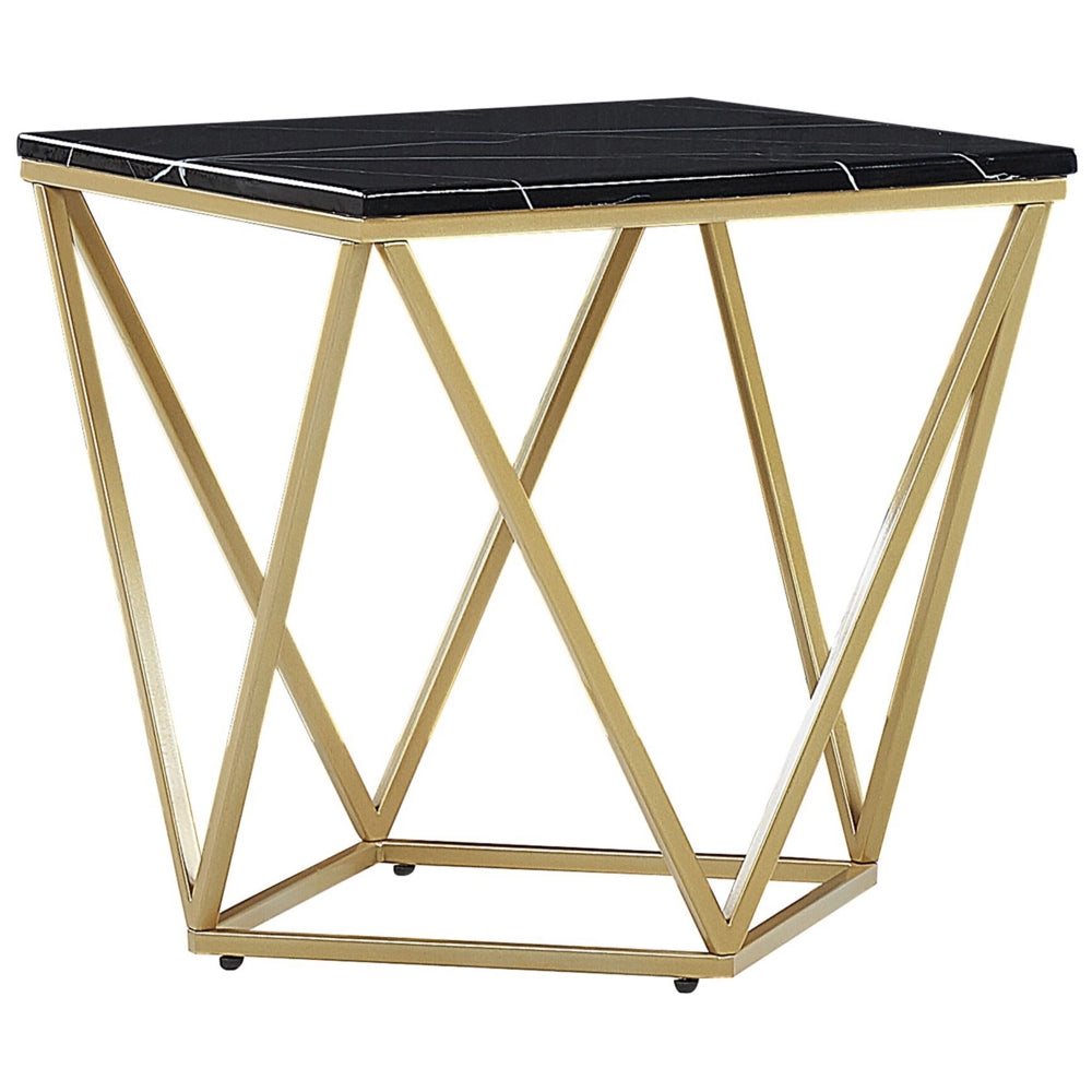 Tavolino Laterale Piano Tavolo Nero Struttura In Metallo dorato 50 x 50 cm Quadrato Effetto Marmo Glam