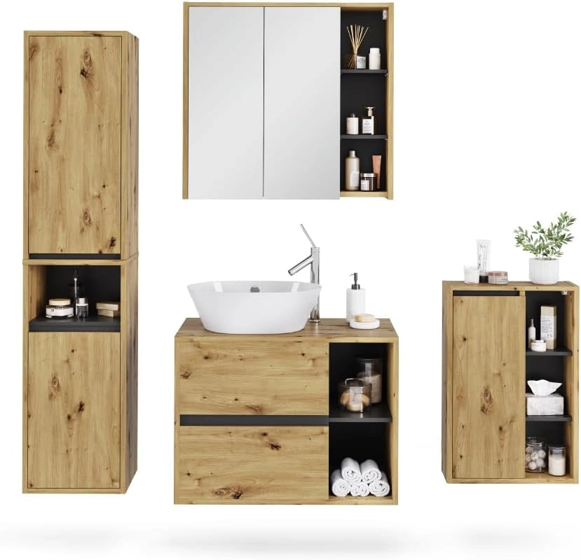 Set di mobili da bagno Viola, Artigiano/grigio, 80 cm, composto da mobile lavabo, pensile a specchio, colonna e base media