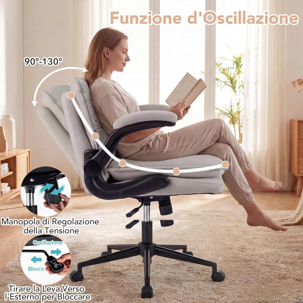 Sedia da Ufficio, Poltrona Relax Altezza Regolabile (con Ruote) | Funzione Dondolo, Braccioli Ribaltabili e Base Robusta, per Ufficio Studio Soggiorno, Portata 150 kg
