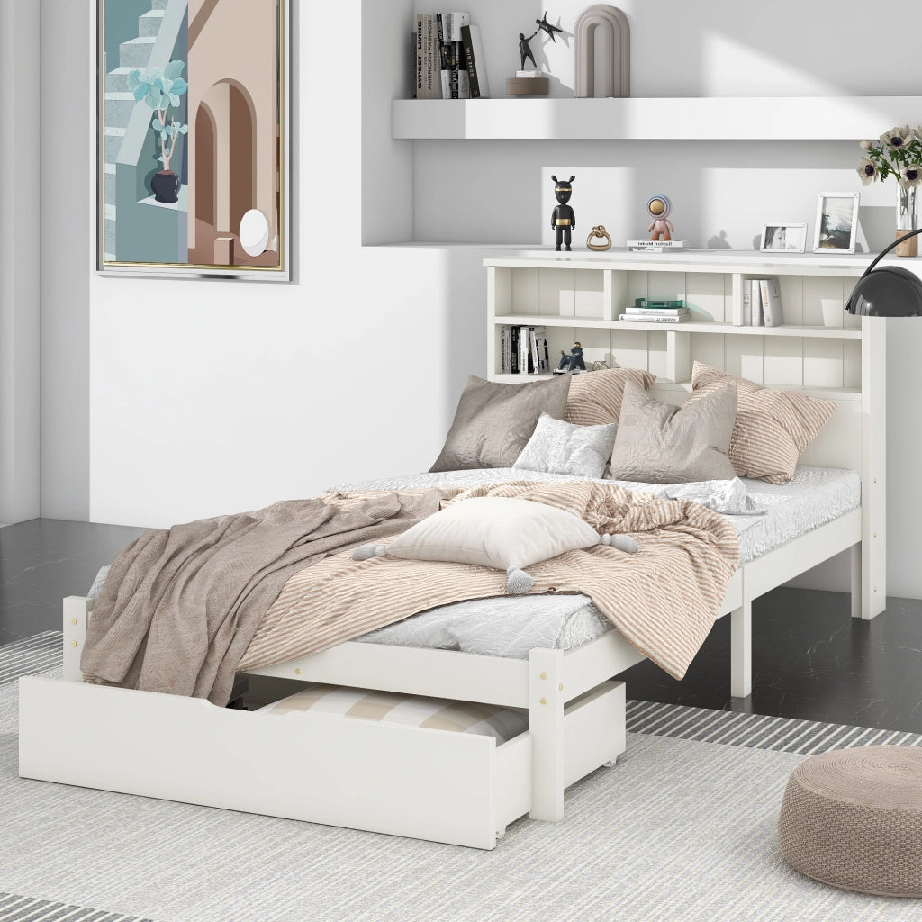 Letto singolo in legno massiccio con 2 cassetti e testiera a libreria, 90x200 cm, bianco