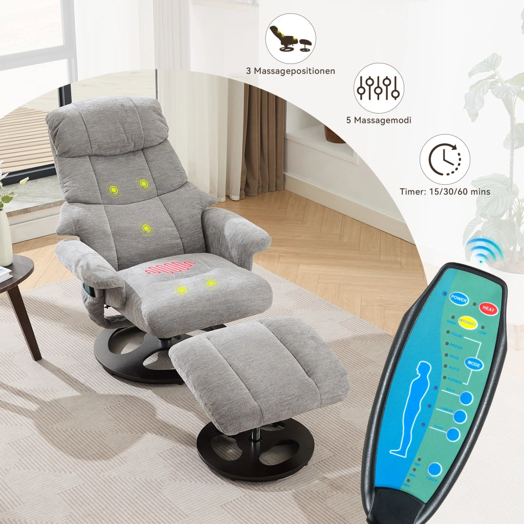 Poltrona relax con massaggio a 5 punti e funzione riscaldante girevole 360° con poggiapiedi in chenille grigio