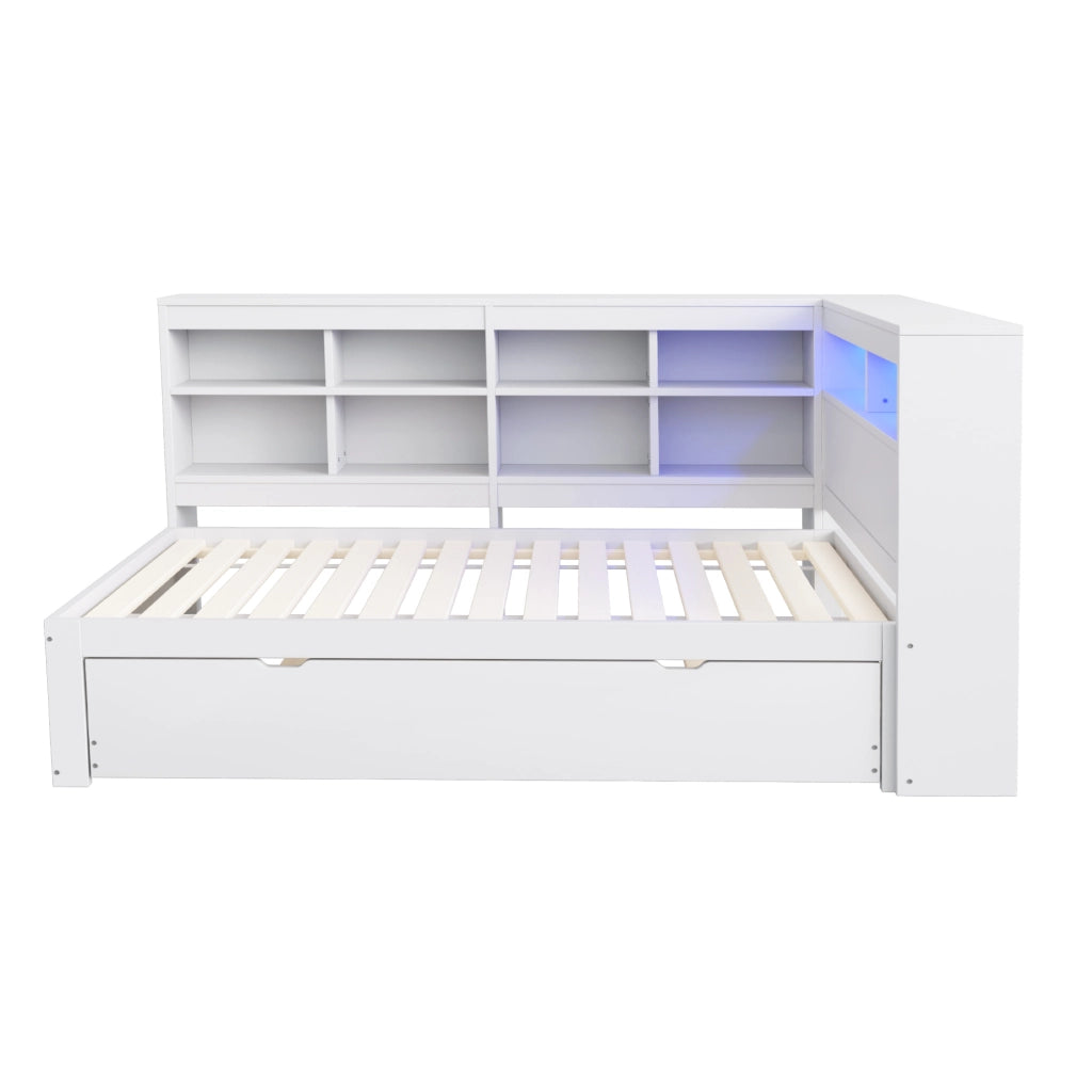 Divano letto singolo in legno con letto estraibile, USB, LED e ripiani laterali, bianco, 90 × 200 cm