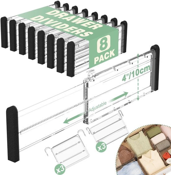 Verdelatori di cassetto regolabili con accessori, 10 cm espandibili organizzatori di cassetto per abbigliamento, 5-pack, 32-58 cm lunghi verdelatori con 9-18 cm accessori per archiviazione in cucina, camera da letto, ufficio.
