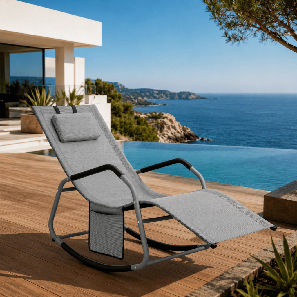 Sedia A Dondolo Da Giardino Con Cuscino Antiribaltamento E Tasca Laterale Seduta Ergonomica Da Esterno In Textilene Con Struttura In Acciaio 151 x 56 x 90 Cm Grigio