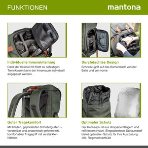 Mantona Luis junior Retro Zaino fotografico verde, per fotocamera con copertura antipioggia, borsa fotografica con scomparto per laptop, DSLR, 3 obiettivi e accessori fotografici