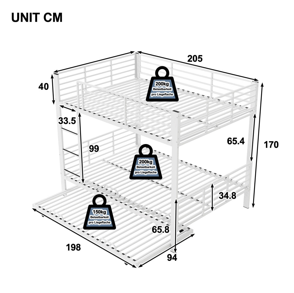 Letto a castello 205x145x170 cm per 3 persone con letto estraibile e barriera di sicurezza in metallo bianco opaco