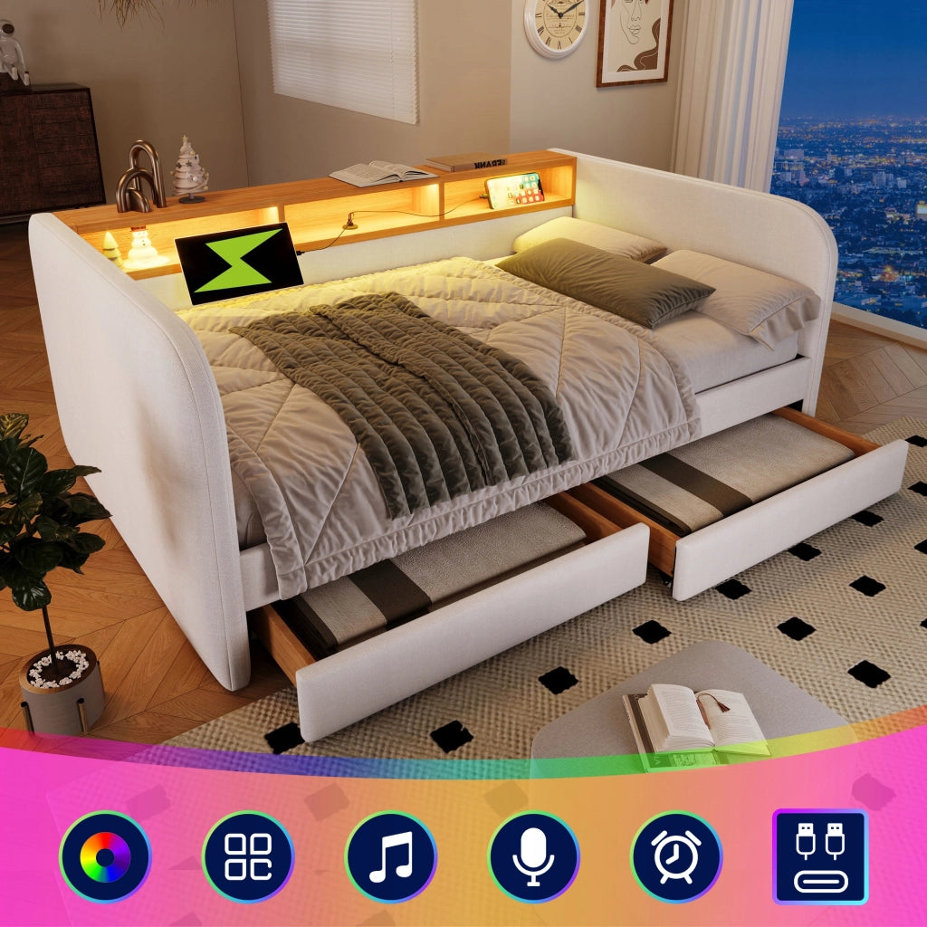 Letto imbottito 140x190 - Xylo - LED, USB-C, cassetti, colore beige chiaro