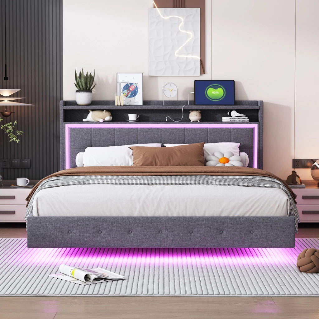 Letto matrimoniale 160 × 200 cm con USB, LED e contenitore in testiera, senza materasso, grigio