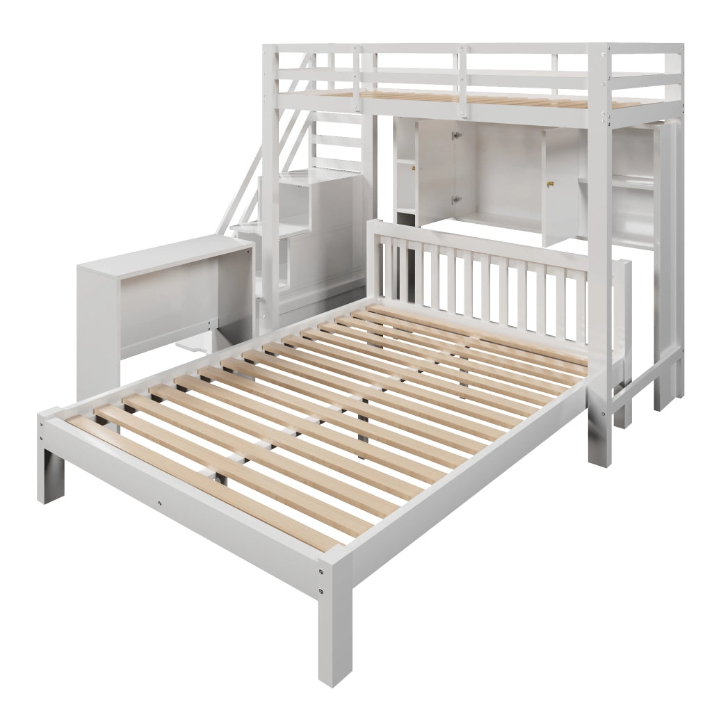 Letto a castello multifunzionale con ripiani e scala contenitore, 90x200 cm + 140x200 cm, bianco