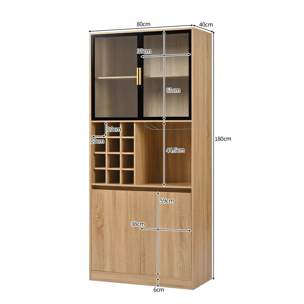 Mobile contenitore con ante in vetro e illuminazione LED 180 cm; in MDF naturale