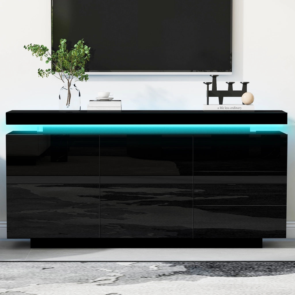 Credenza con 2 ante e 3 cassetti; illuminazione LED - per soggiorno - 140x35x72.5 cm - nera