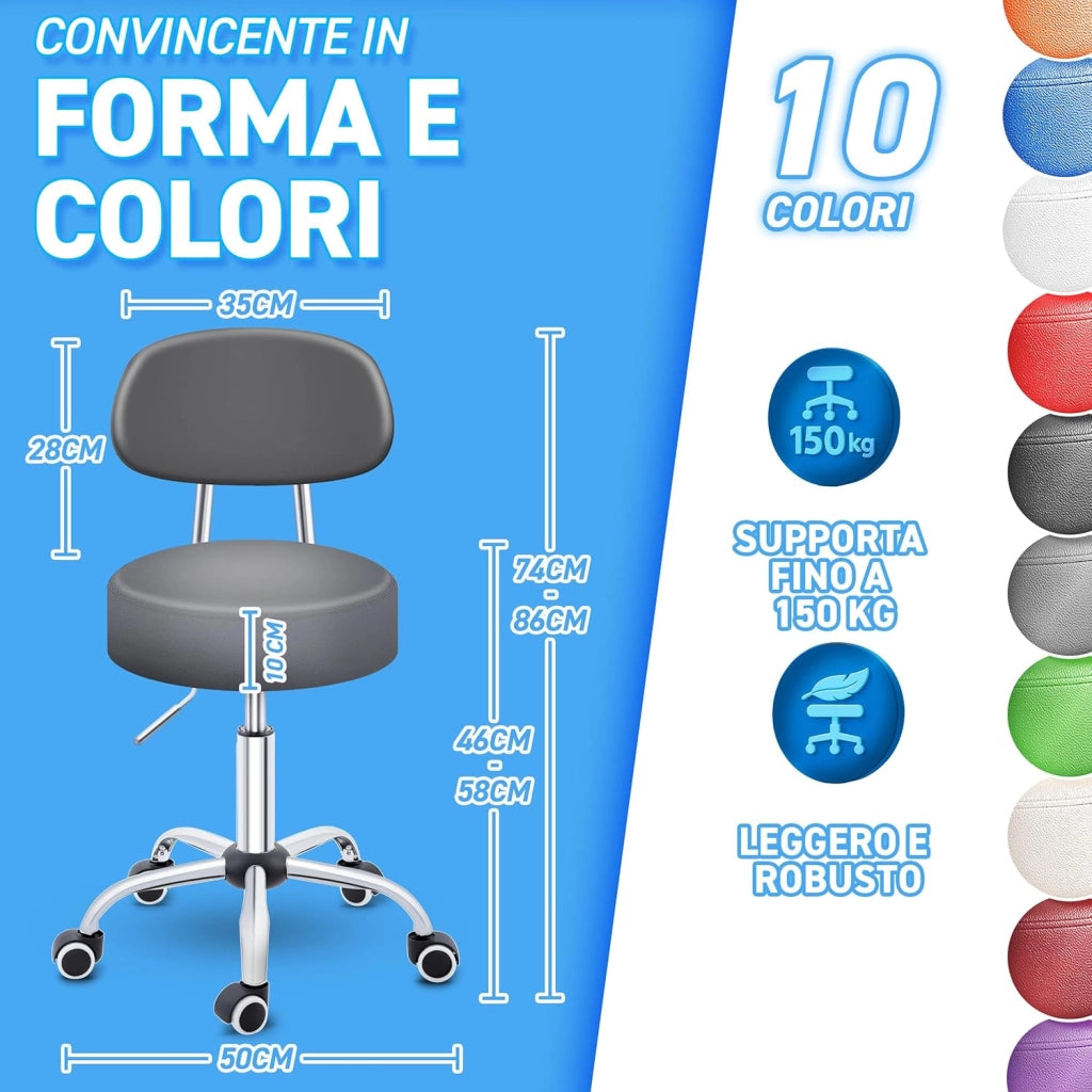 Sgabello Rotante Con Schienale Rosso Vino | Regolabile in Altezza 46-58 Cm | Girevole Con Rotelle | Sedia Da Ufficio Cosmetica (Grigio)