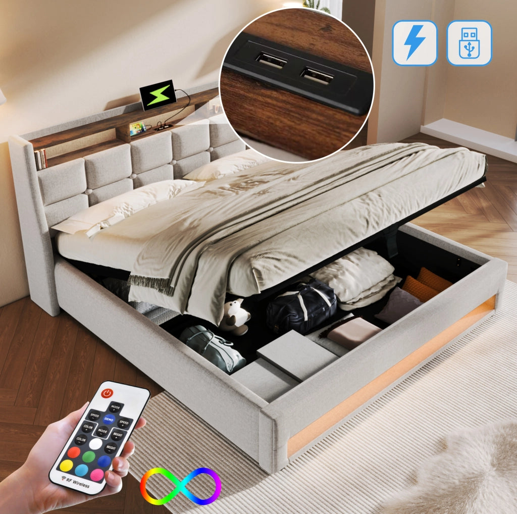 Letto imbottito beige 160x200 cm con LED, USB e contenitore