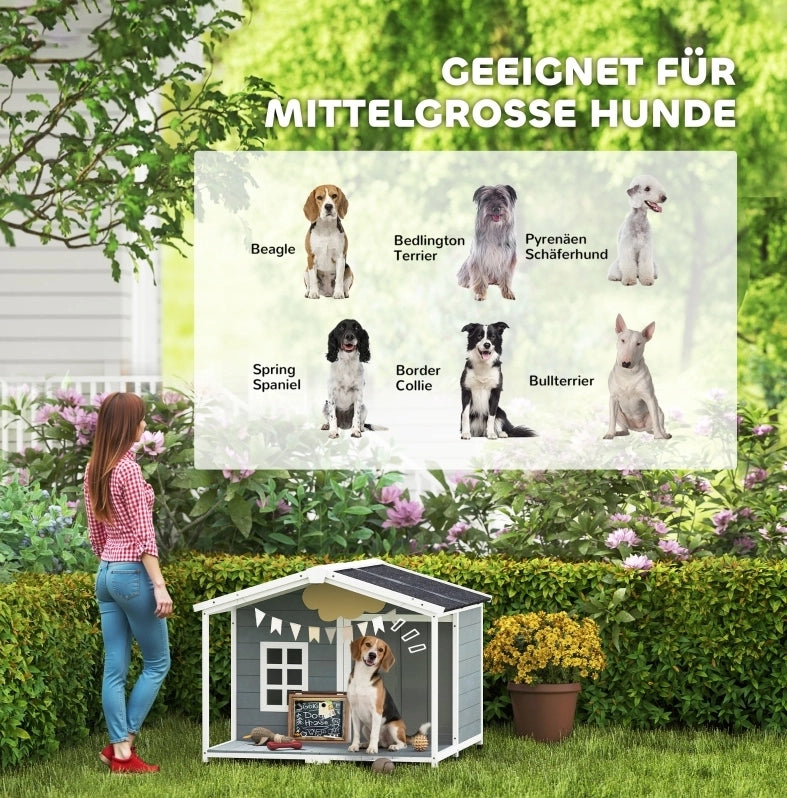 Casetta per cani da esterno 103x107x83，5 cm in legno grigio con terrazza