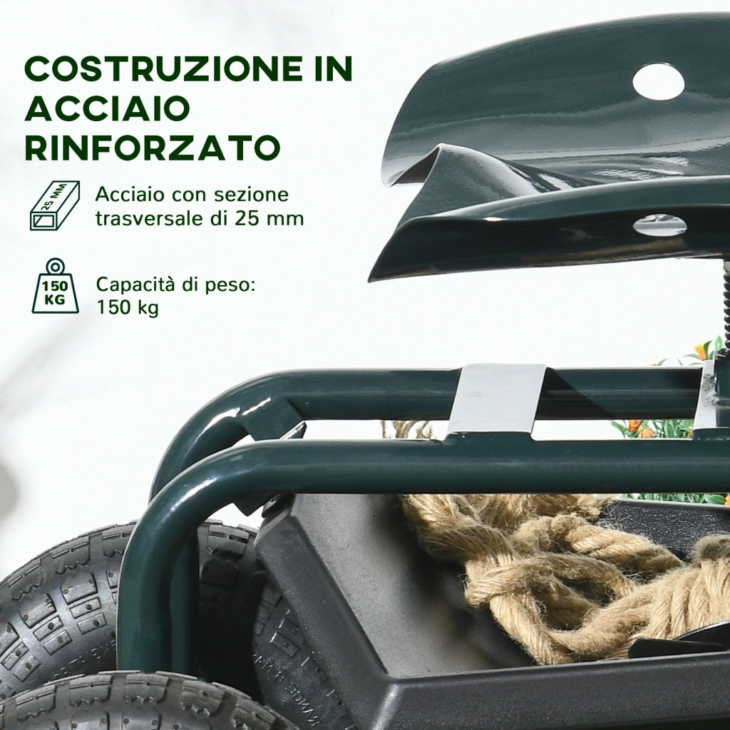 Carrello da Giardino con Sedile Regolabile e Vassoio Inferiore, in Acciaio, e PP, 83x36.5x45-60 cm, Verde Scuro