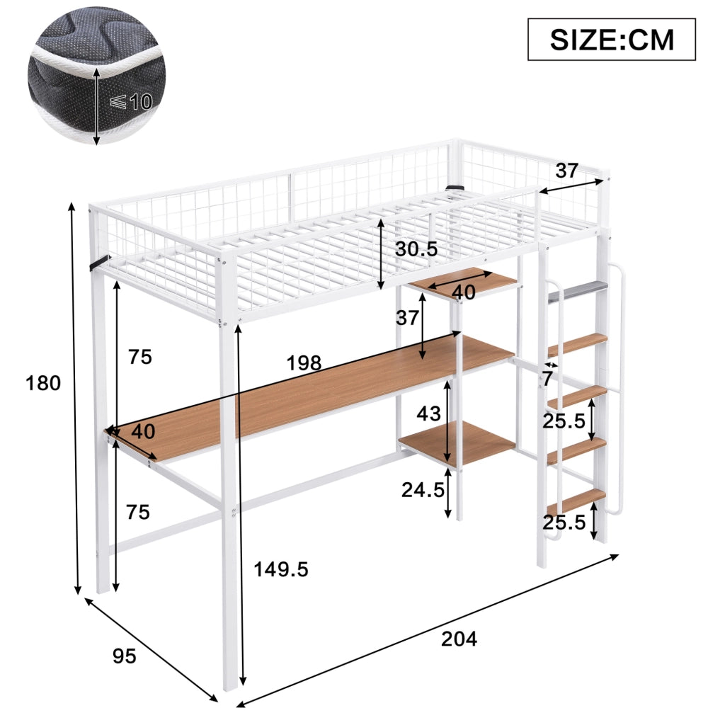 Letto a soppalco 90x200 cm con scrivania e ripiani