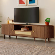 Mobile TV moderno in MDF con ante semicircolari, vani aperti e cassetti, colore noce
