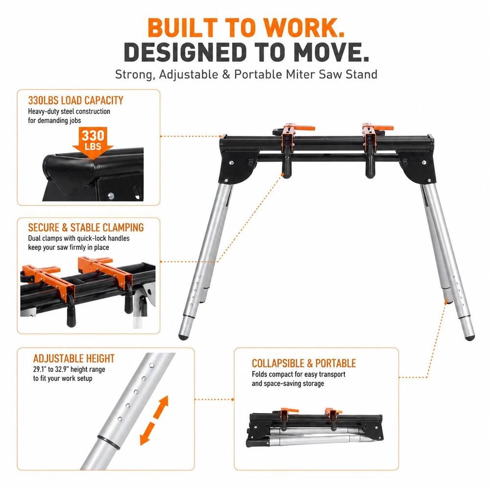 Miter Saw Stand, 150 Kg Load Capacity, Steel Stand For Miter Saws With One-piece Mounting Clamps, 73.91–83.56 Cm Adjustable Height, Foldable Miter Saw Stand