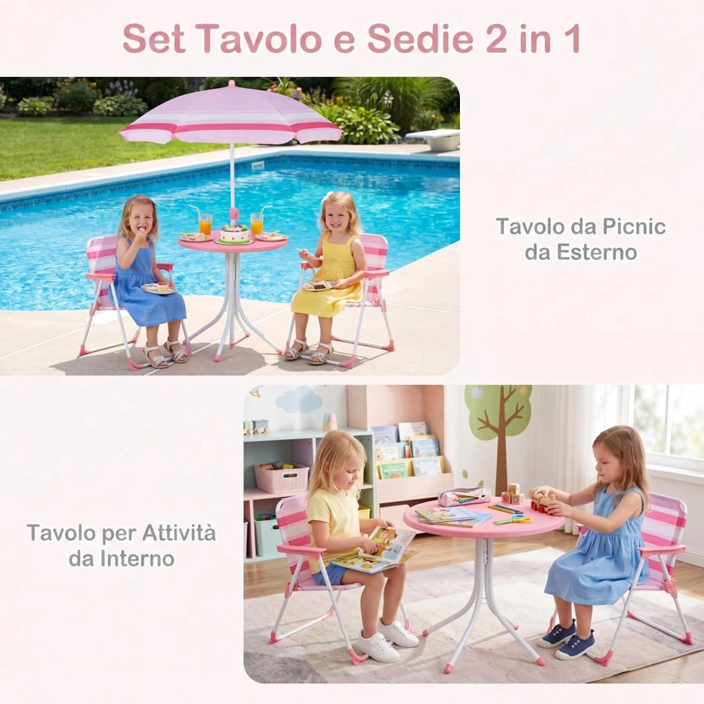 Set Tavolo e Sedie da Giardino per Bambini con Ombrellone (Rosso) | Set da Esterno per Bambini 4 Pezzi con Tavolino Rotondo, 2 Sedie Pieghevoli e Ombrellone Regolabile in Altezza per Campeggio