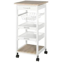 Carrello da Cucina Salvaspazio in Legno di Pino e MDF, Carrello Portaoggetti con Cassetto, Cestello, 2 Vassoi e 4 Ruote Universale, 37x37x82cm, Bianco