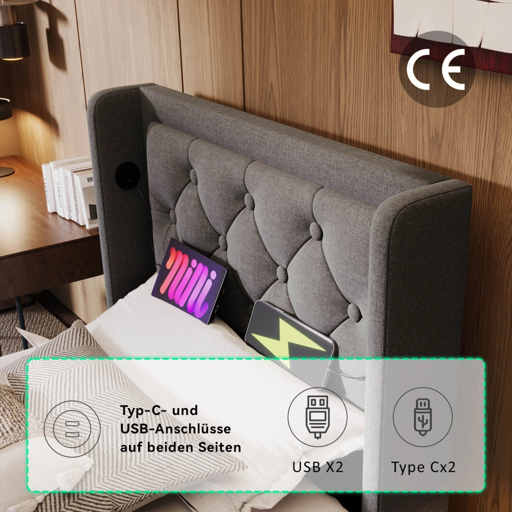 LETTO Contenitore Idraulico 90x200 cm Cotone Grigio con USB e LED