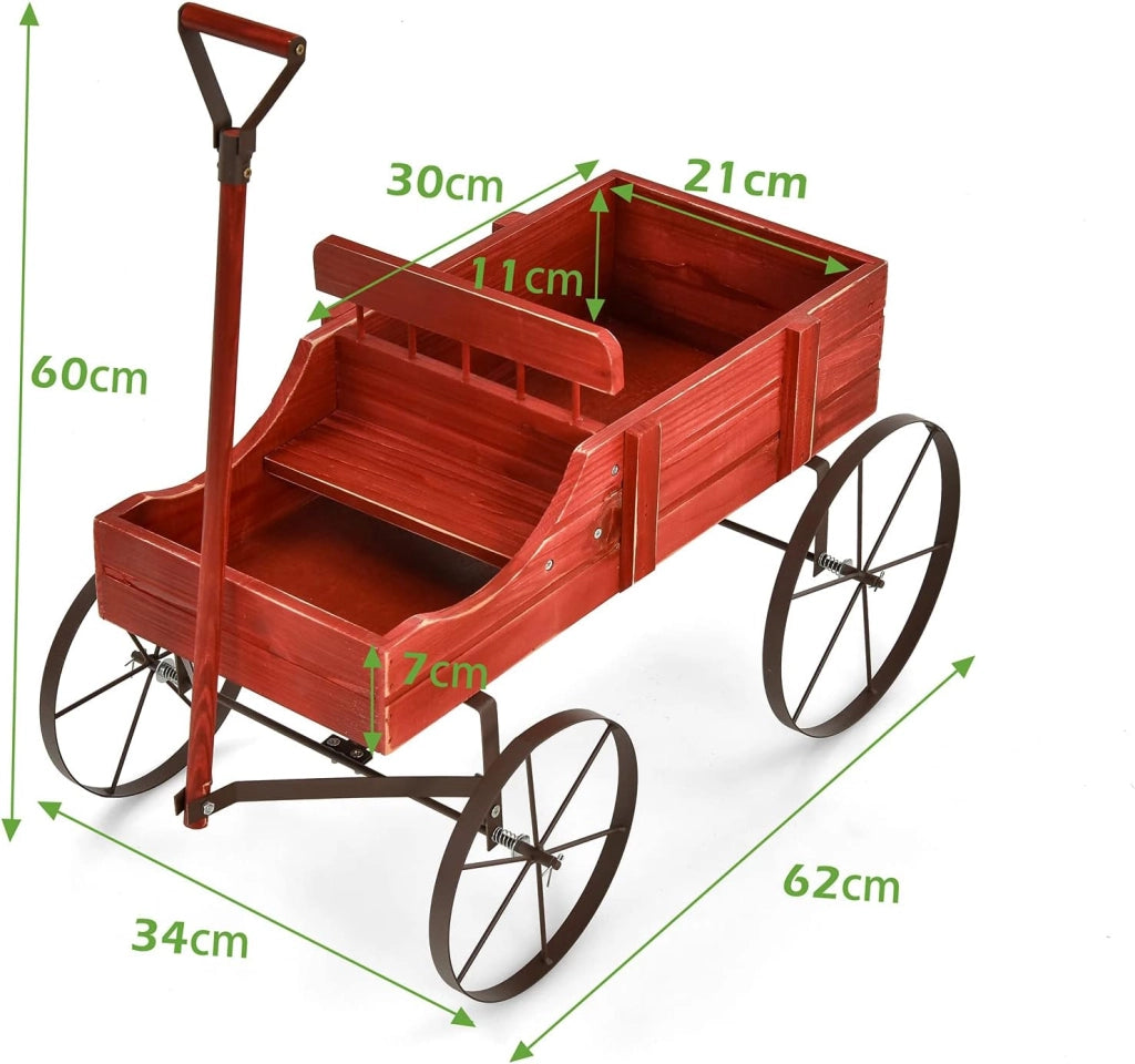 Carrettino di Legno Fioriera, Fioriera Decorativa con Ruote e 2 Sezioni per Piante, Porta Piante da Esterno per Giardino Cortile (rosso)