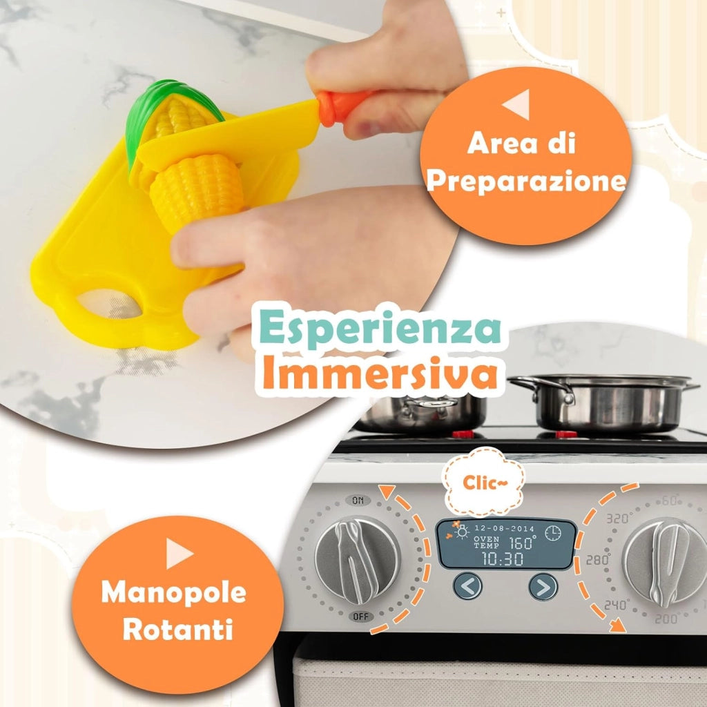 Set di Cucina Giocattolo per Bambini, con Luci e Suoni, Cappa Aspirante illuminata, Fornelli, Forno a Microonde, Distributore d'acqua e Lavatrice, Ideale per Bambini 3 Anni+ (Grigio)