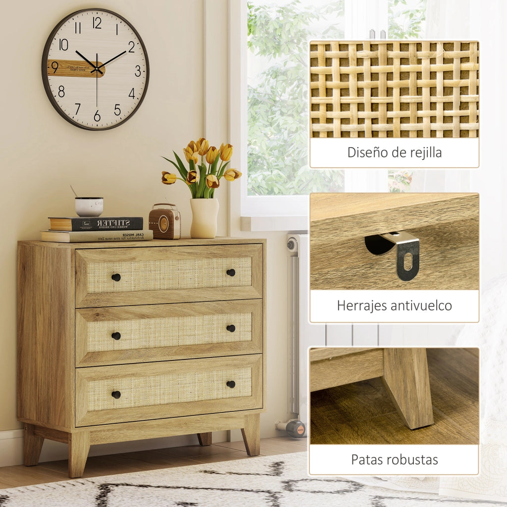 C¨®moda 3 Cassetti in Legno con Frontale in Rattan Stile Cannage ¨C zephmum ¨C 80x35x76 cm Naturale