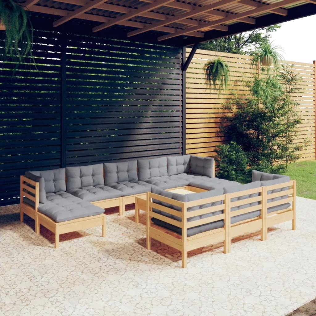 Set Divani da Giardino 11 pz con Cuscini Grigi Massello di Pino 3097144