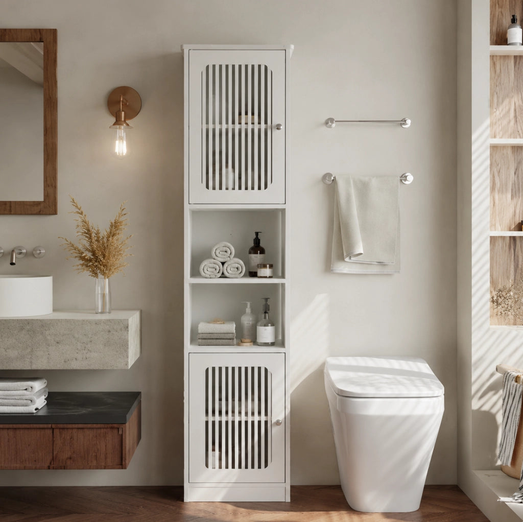 Armadio da bagno alto bianco con ripiani regolabili e ante a lamelle