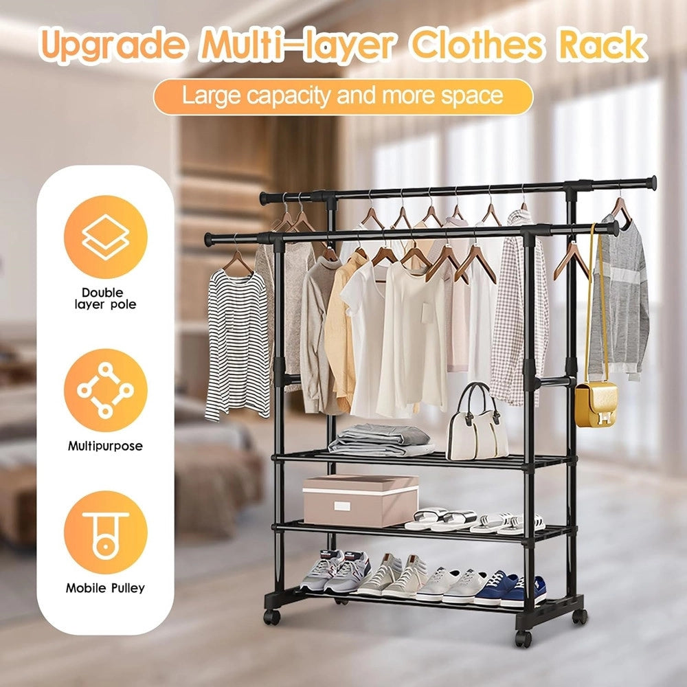 Trade Shop - Appendiabiti Da Terra Stand Con Ruote 3 Scomparti Portaoggetti Doppio Bastone A Scomparsa -