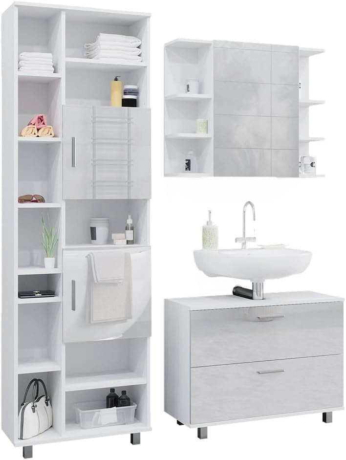 Set di mobili da bagno Ilias, Bianco lucido, 80.2 cm, composto da mobile sottolavabo, specchiera e colonna alta