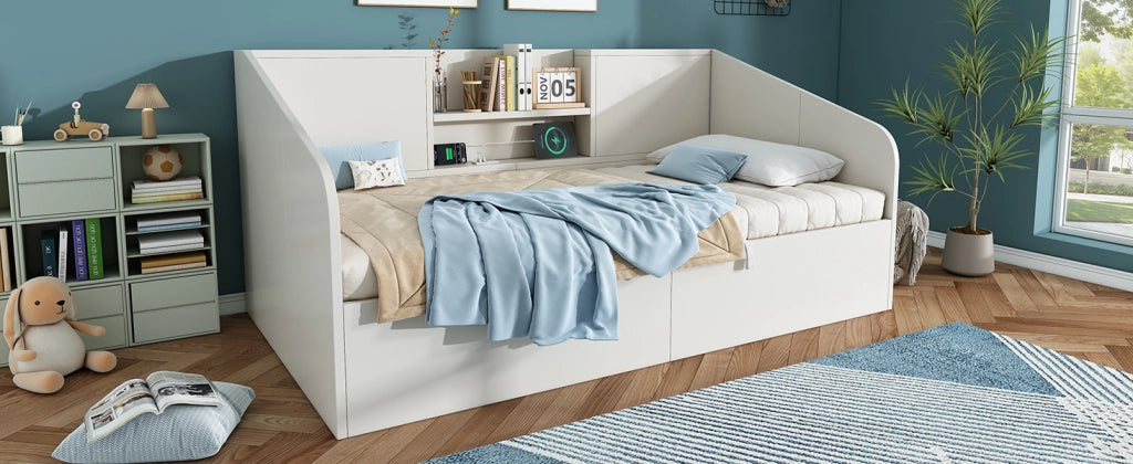 DESMIU Lit daybed 90 × 190 cm 1 posto con 2 ripiani, USB e Type-C, senza materasso, in legno, bianco