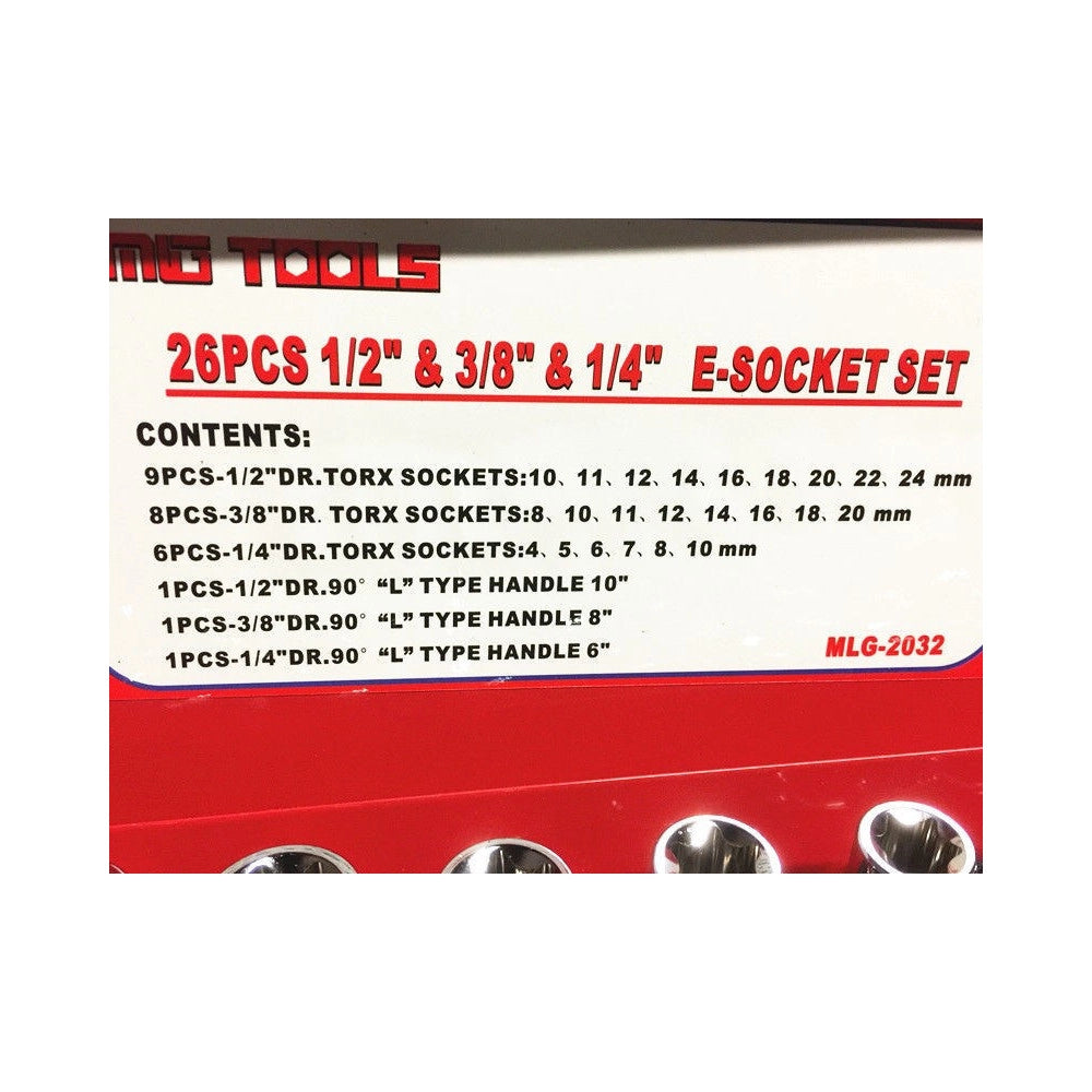 Trade Shop - 26 Chiavi Bussole Torx Femmina E4-e24 Prolunghe Attacco 1/2" 1/4" 3/8" -