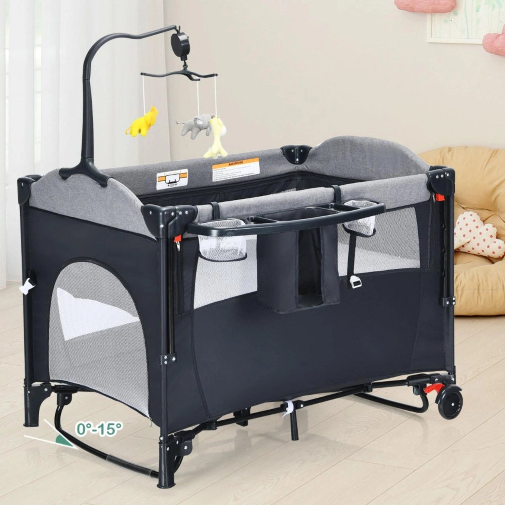 Culla portatile per bambini con tavolino pannolino borsa di stoccaggio giocattolo, Lettino a culla 5 in 1 Nero-Culle
