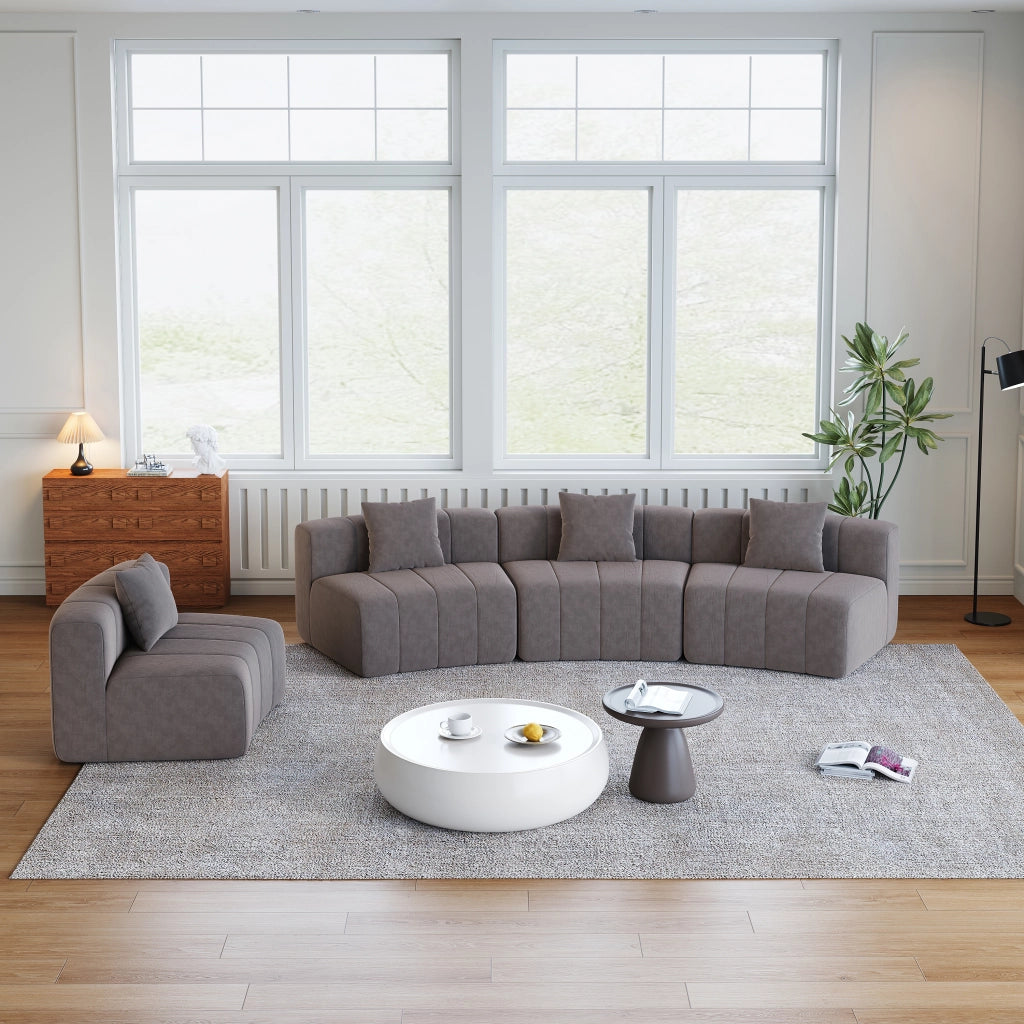 Sofa modulare curvo in chenille grigio con 2 cuscini, design semicircolare, senza montaggio