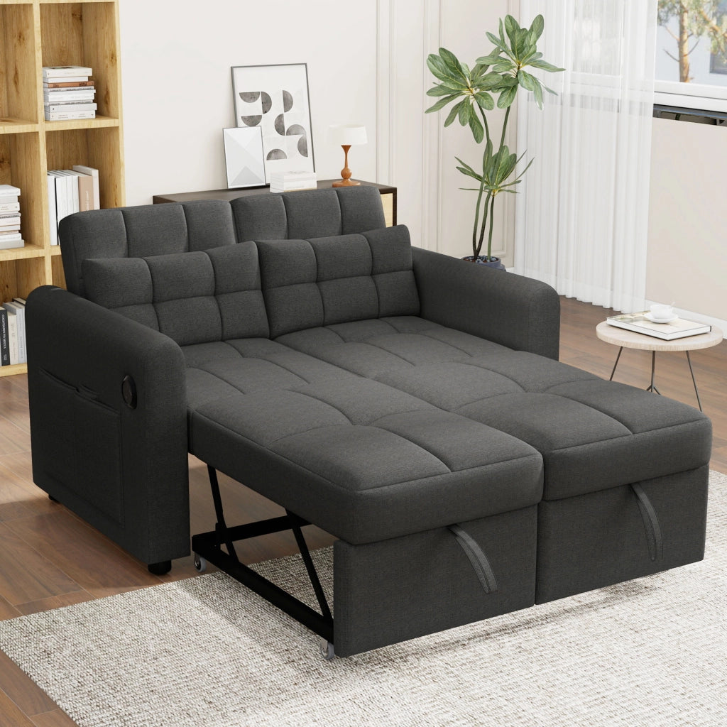 Divano letto 2 posti - con schienale regolabile e USB - in cotone e lino grigio