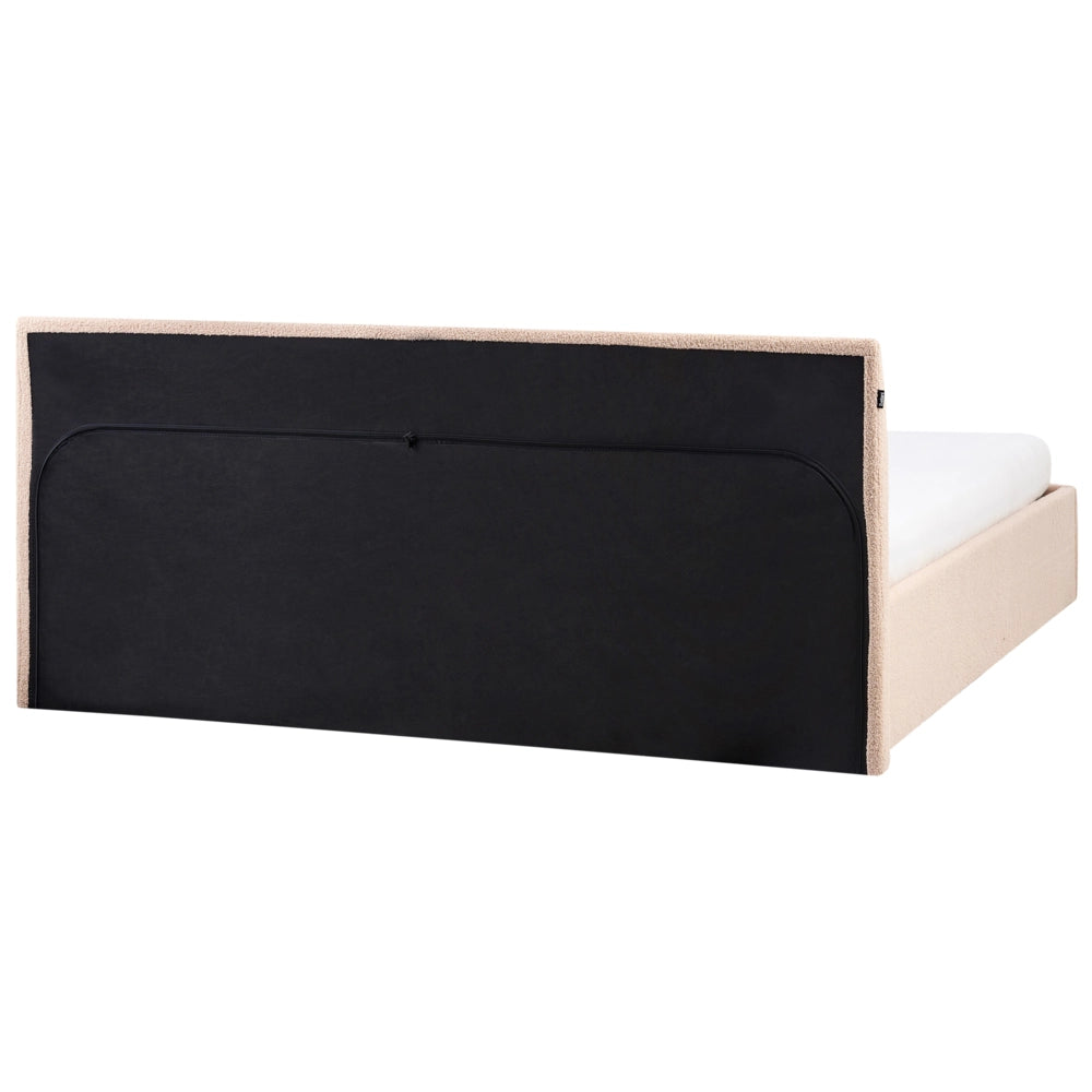 Letto imbottito in bouclé beige 180 x 200 cm con contenitore per testiera rialzata