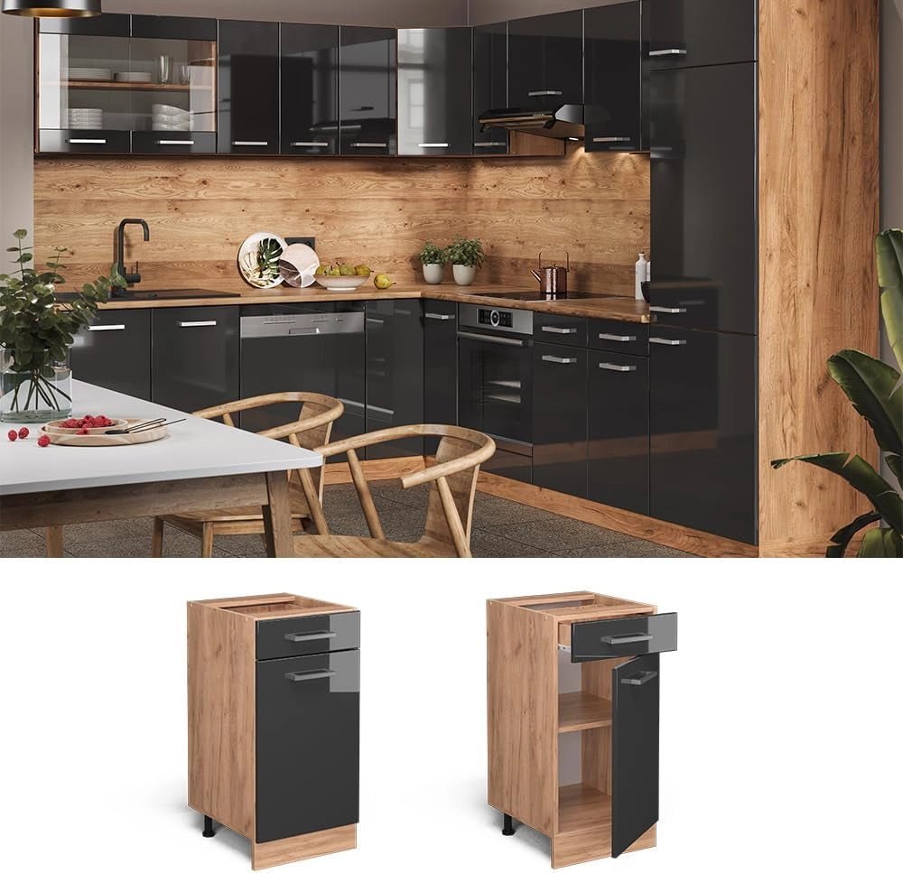 Mobiletto base per cucina R-Line, Antracite lucido, 40 cm senza piano di lavoro, per la libera combinazione all'interno di sistemi cucina modulari